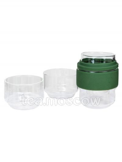 Сервиз стеклянный Дорожный зелёный в чехле заварной стакан 180 мл с ситом + 2 пиалы 120 мл